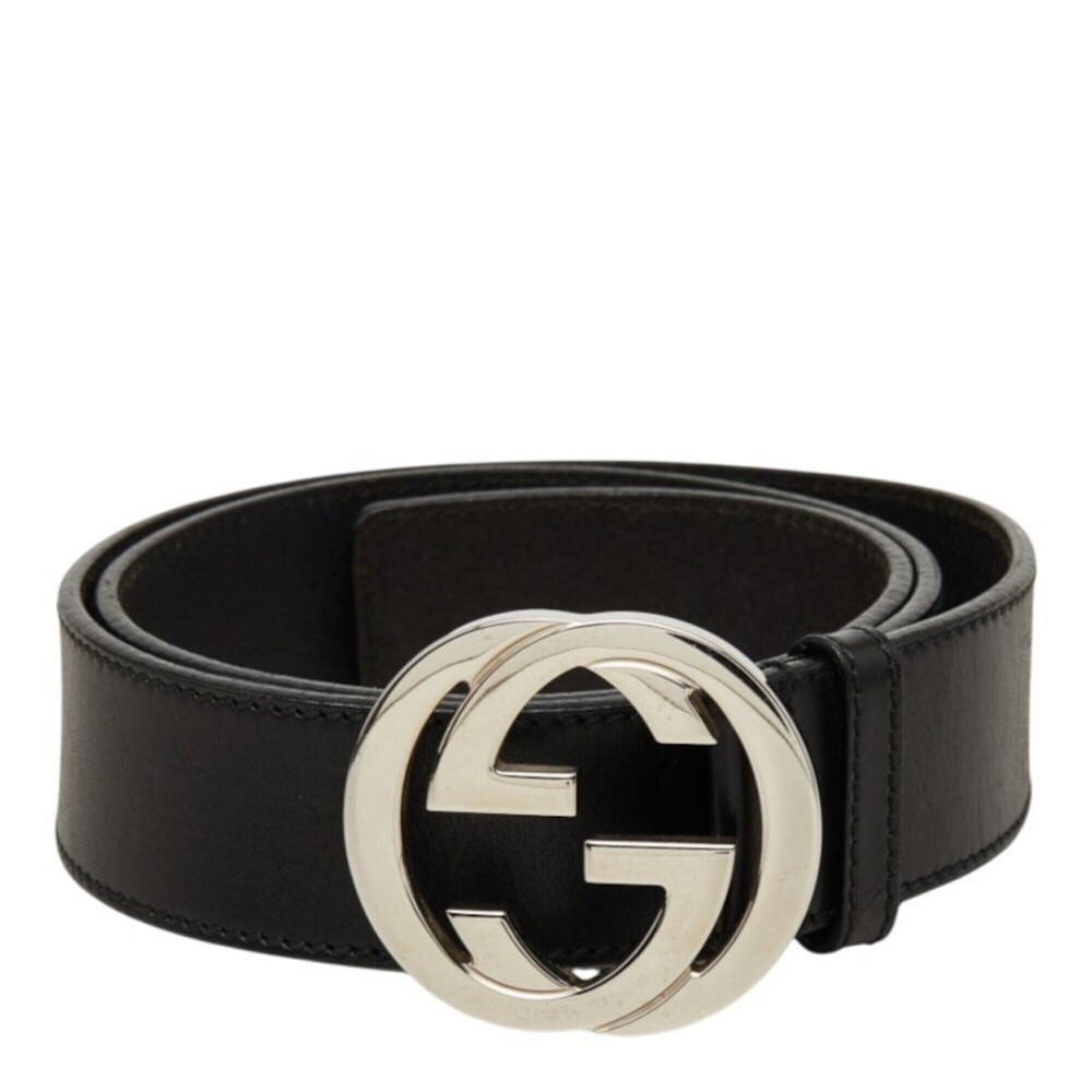 Gucci Interlocking G GG Logo Buckle Belt 114984 Black Silver Leather Men's GUCCI